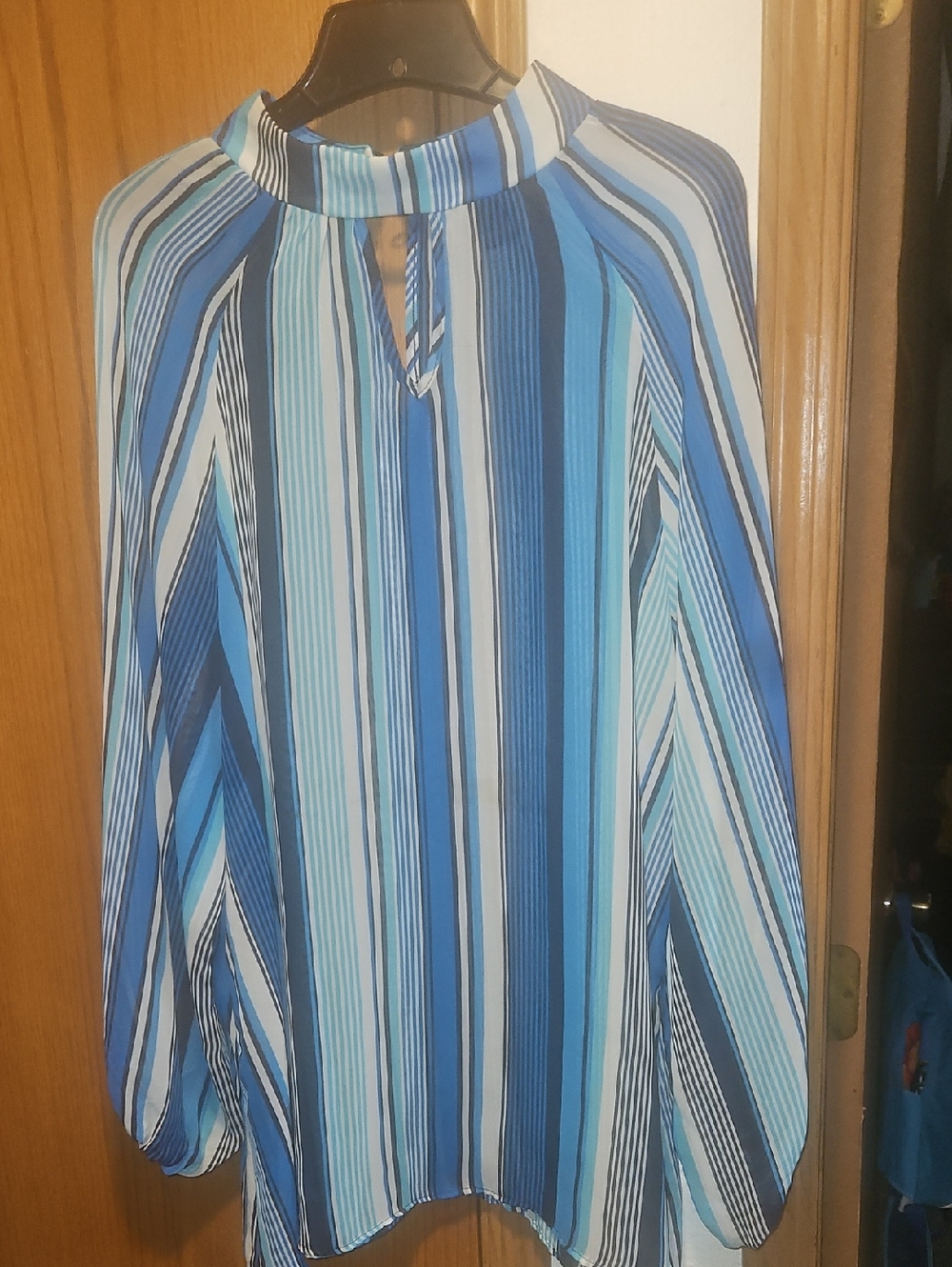Ashley Stewart Blue Multi-Striped Mock Neck Blouse